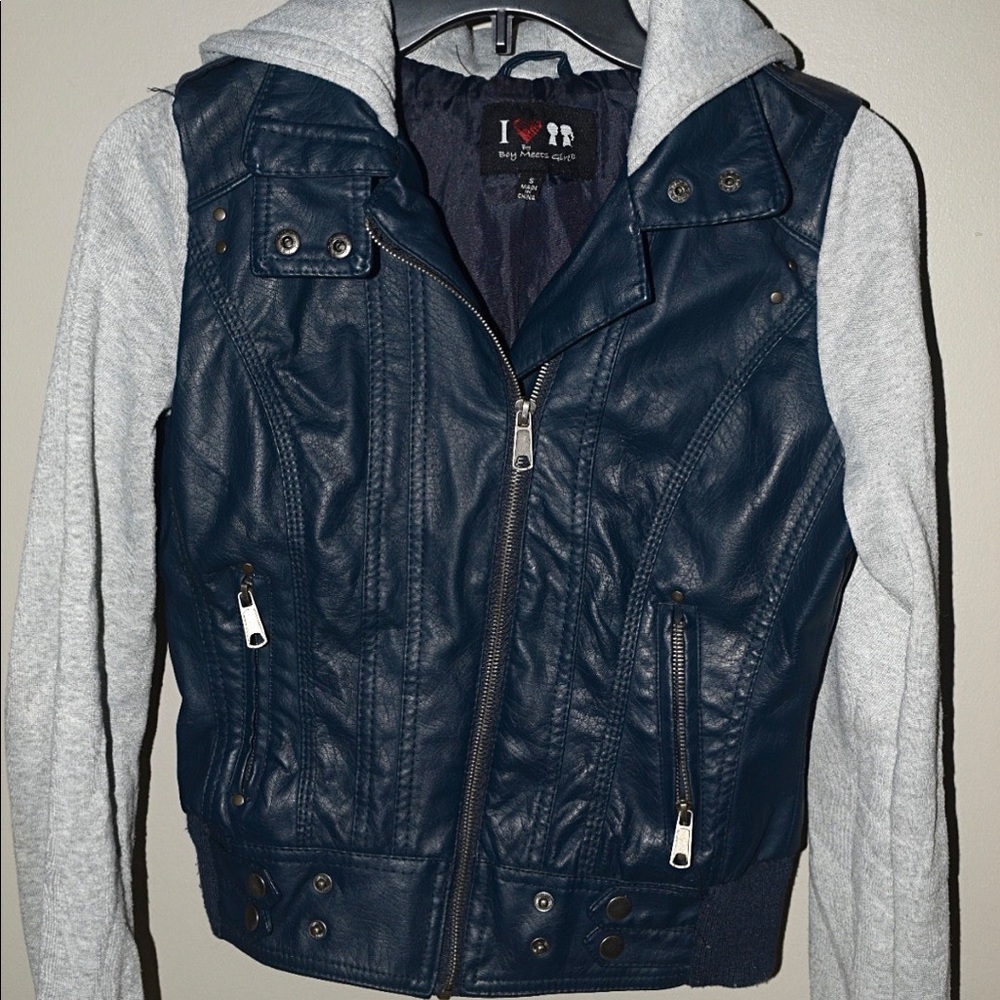 Navy Blue Faux Leather Jacket Sweatshirt Sleeves
